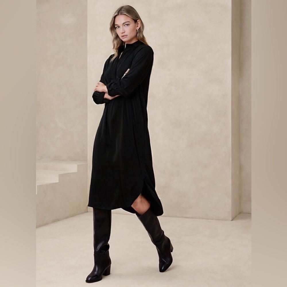 NWT! BANANA REPUBLIC BLACK MANDARIN-COLLAR MIDI SHIRTDRESS - SMALL PETITE 🍄🟫